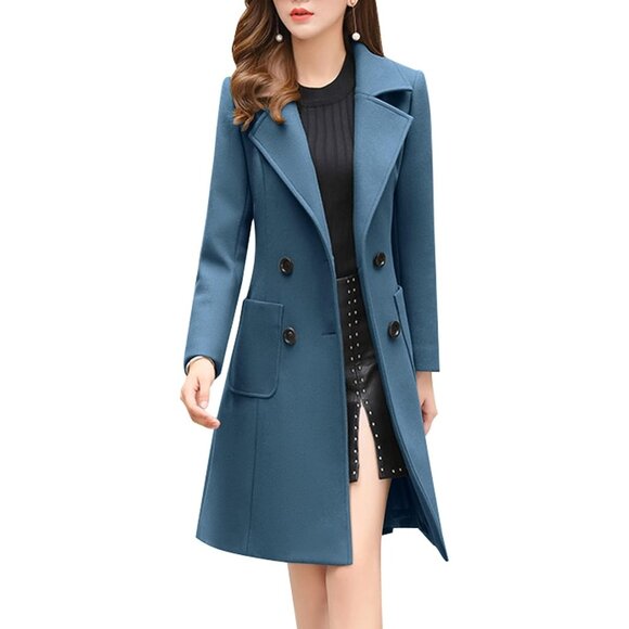 Women's Blue Elegant Notched Collar Double Breasted Wool Blend Over Coat - Picture 1 of 1